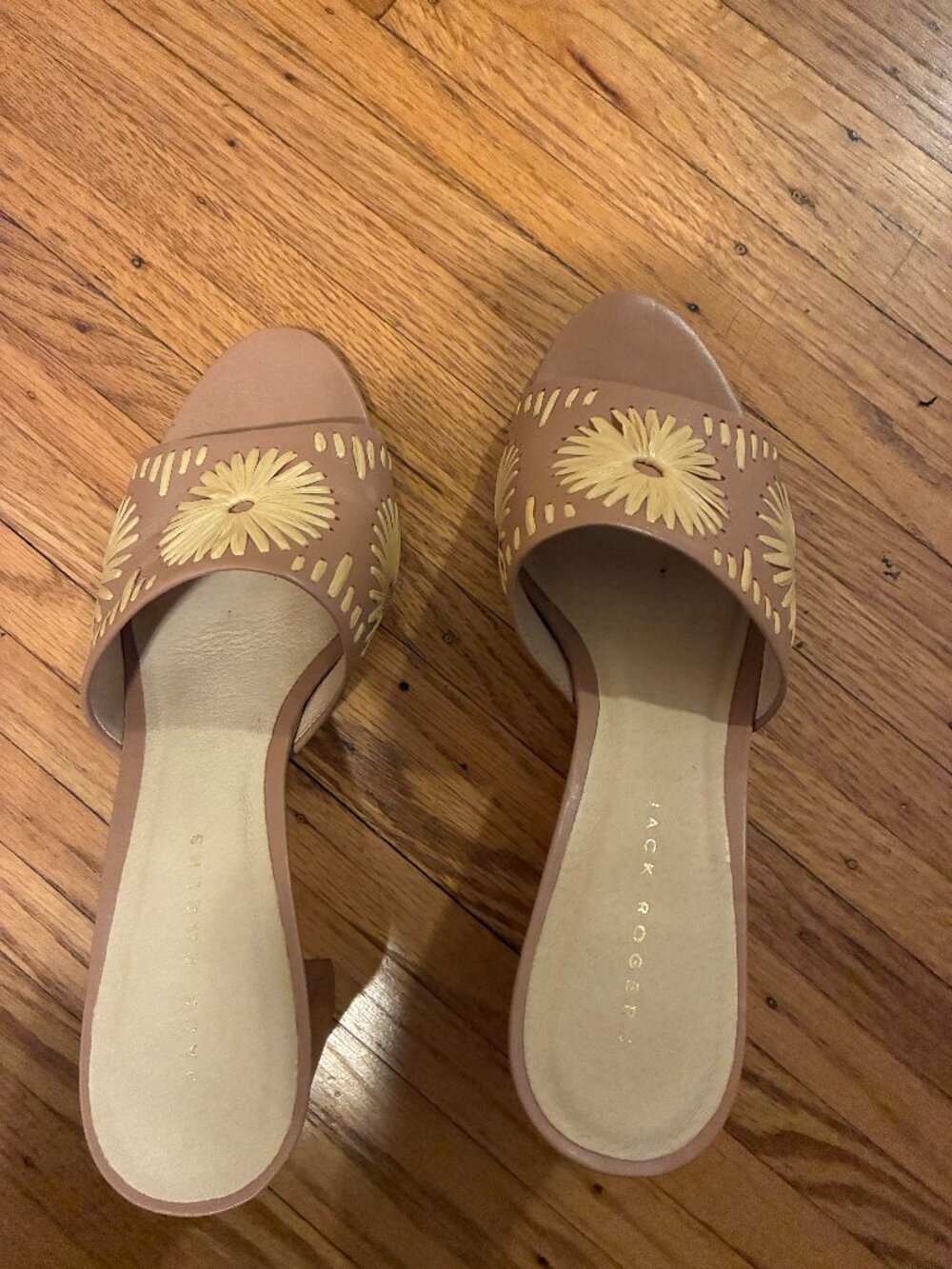 Jack Rogers Susie Raffia Embroidered Leather Block Heel Mules Sandals Nude 8.5